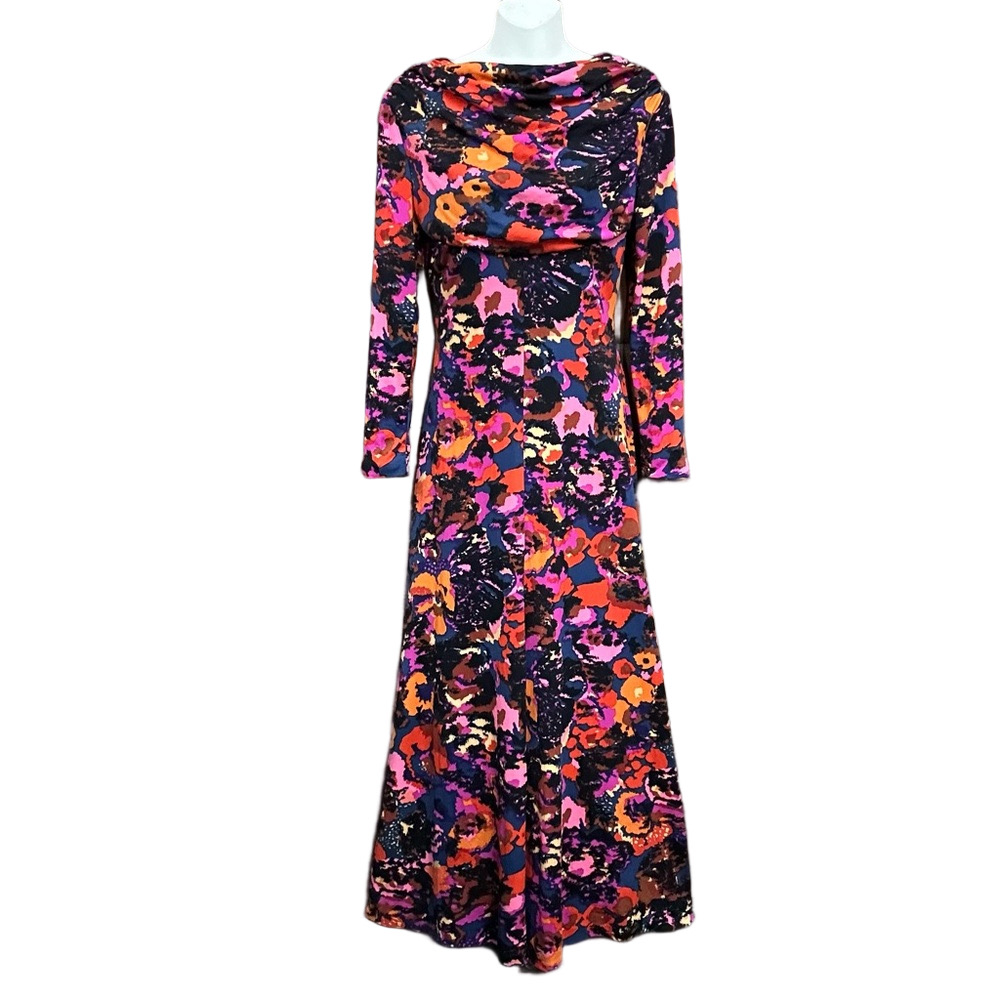 Vintage 70s Mod maxi dress Womens Small drape neck scoop back long sleeve floral